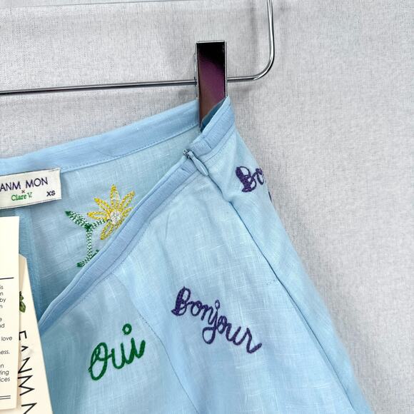 FANM MON X CLARE V Didom Maxi Skirt Womens XS Blue Embroidered Linen Ruffled - Picture 9 of 14